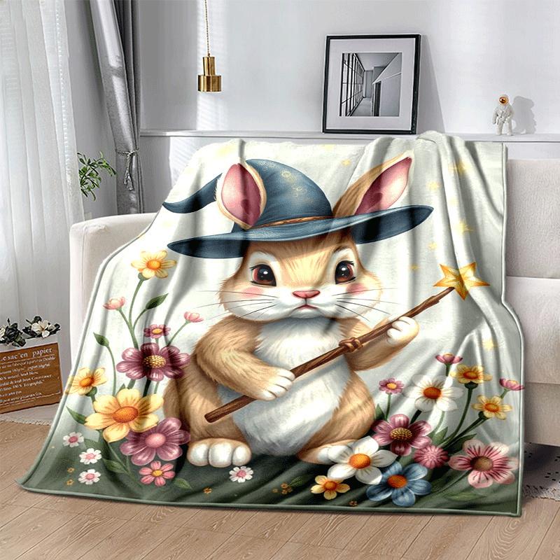 1pc Rabbit Printing Lightweight Flannel Blanket, Comfortable and Warm Blanket, for Camping Sofa Bed and Couch Office, Suitable for Gift