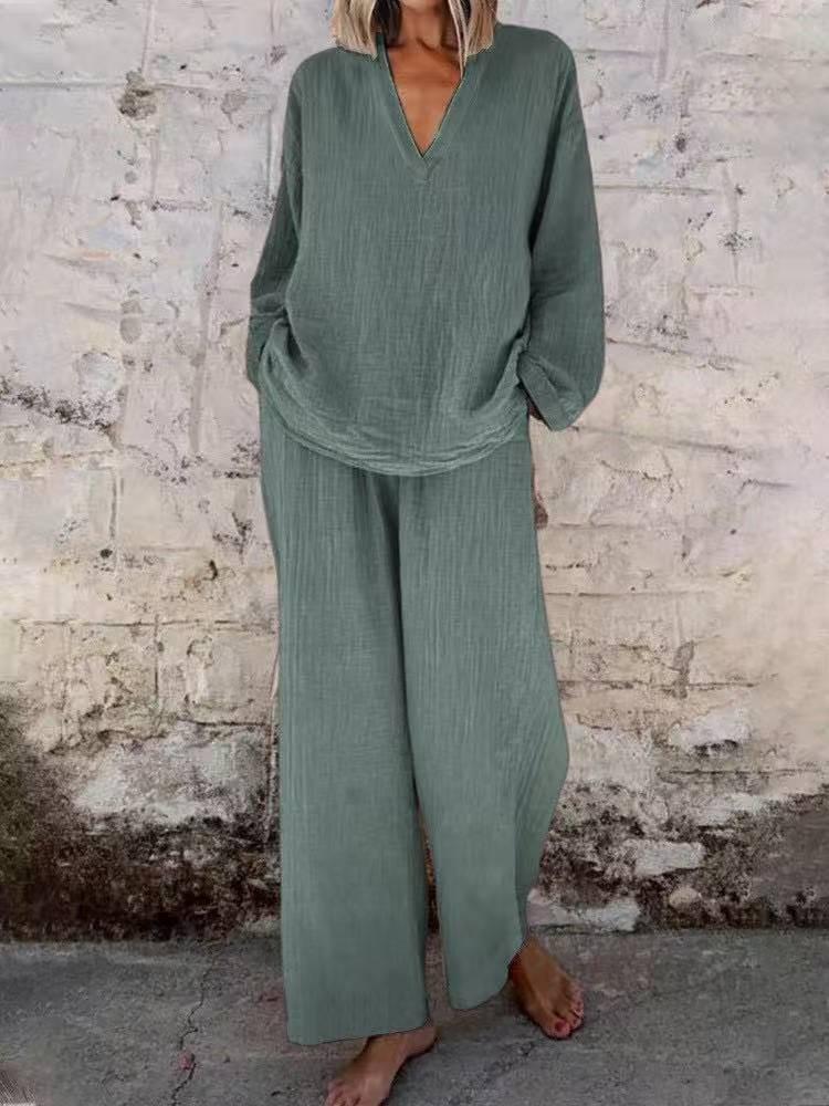 Women's Light Blue V-Neck Loose Fit Top and Wide Leg Pants Set, Casual Cotton Linen Outfit