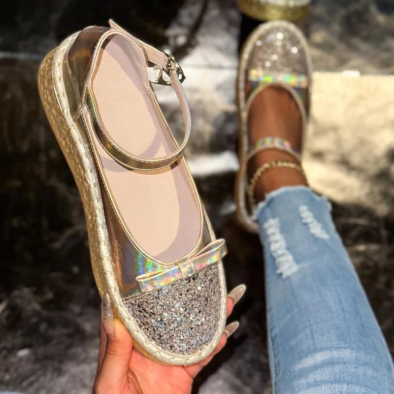 Fashion 2025 Fashion Ladies Shoes Buckle Strap Women's Vulcanize Shoes New Sequins Outdoor Casual Best Seller Plus Size Flat Low Heels