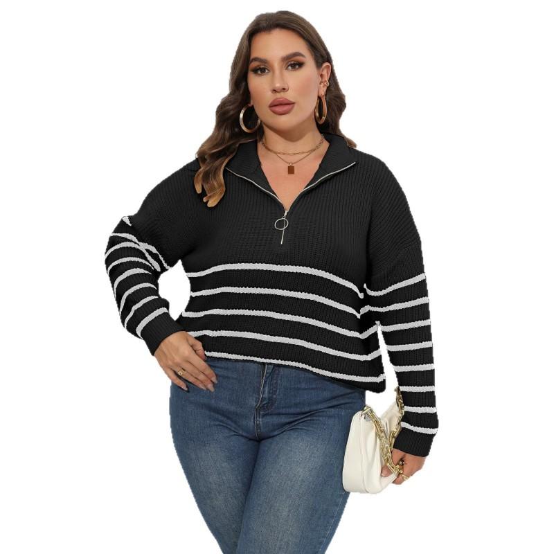 2026 Fall Winter Striped Knit Sweater Half Zip Mock Neck Loose Fit Casual Pullover Women