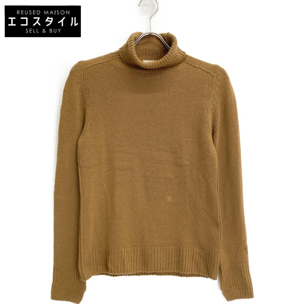 Celine Brown Triomphe Embroidery High Neck Cashmere Pullover Knit Tops XS BrownUsed