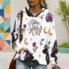 Women s Plus Size White Cartoon Teacher Witch Ghost Printed Long Sleeve Drawstring Hoodie With Kangaroo Pocket