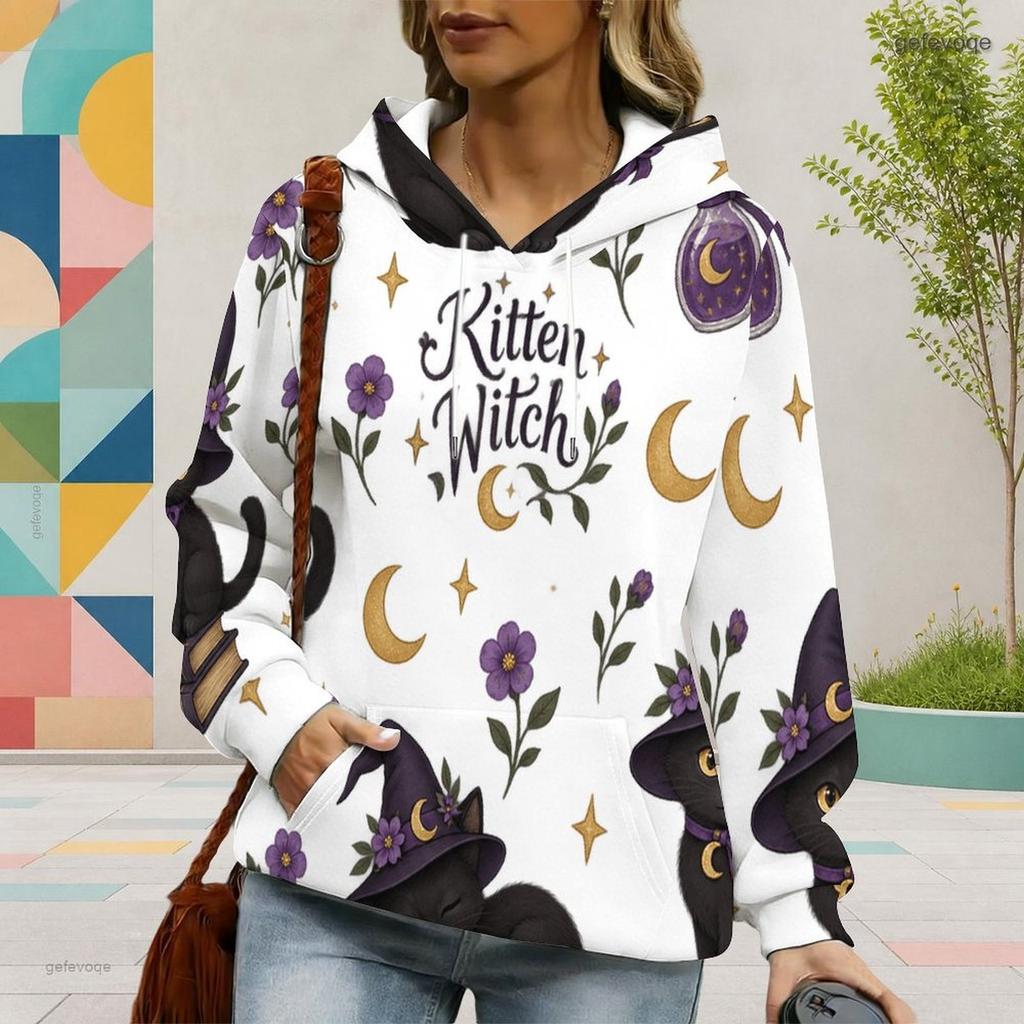Women s Plus Size White Cartoon Teacher Witch Ghost Printed Long Sleeve Drawstring Hoodie With Kangaroo Pocket