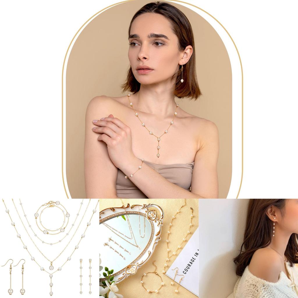 Lightweight French Pearl Necklace And Earring Set With Geometric Design For Elegant Women