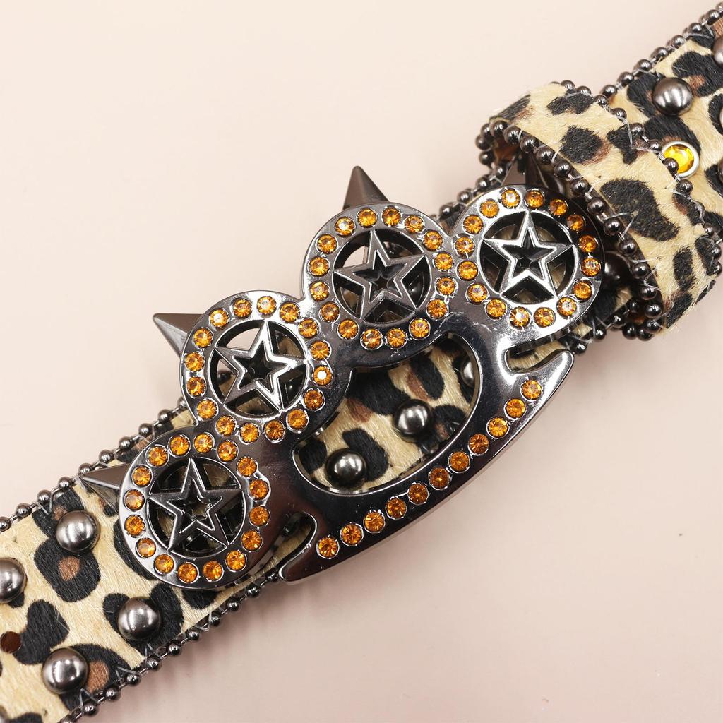 Leopard Print Rhinestone Knuckle Duster Punk Belt - Y2K European & American Style Women's Decorative Accessory