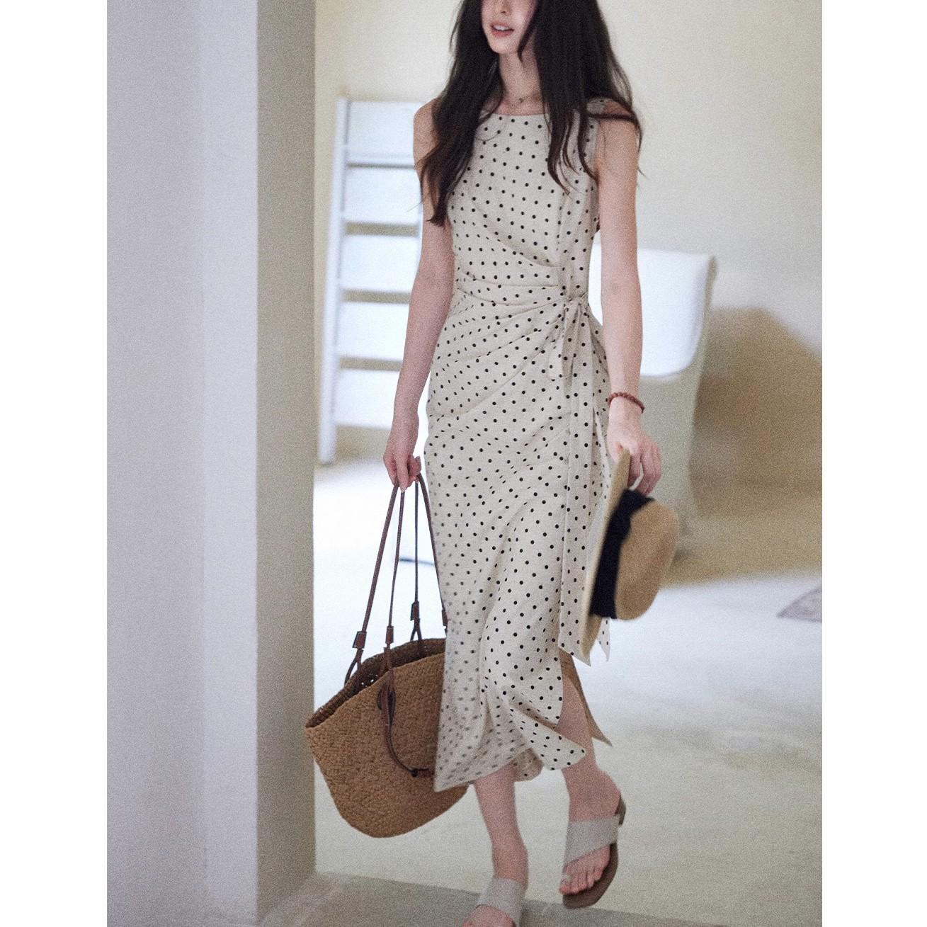 French Apricot Polka Dot Dress: Women s Side-Cinched Waist, Linen-Cotton Blend, Color Block Design Medium абрикосовый