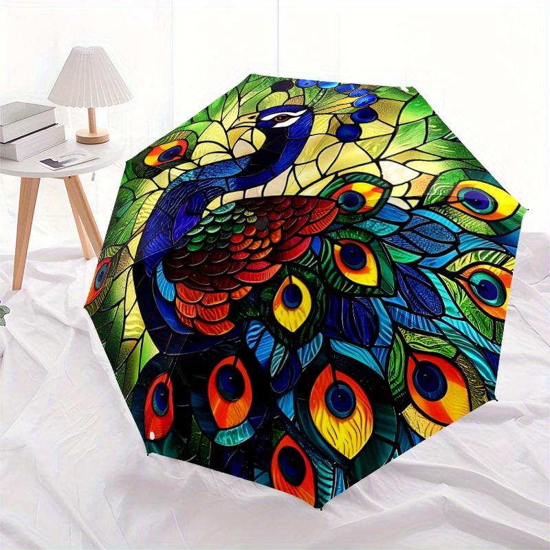 1pc Peacock StainedGlass Compact Travel Umbrella, Automatic Folding Lightweight Windproof 8-Bone Reinforced Design,012141