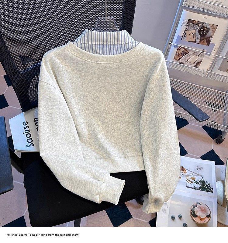 Plus Size Two-Piece Patchwork Polo Neck Sweatshirt - Women's Loose Slimming College Style for Spring & Autumn