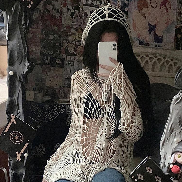 Y2k Clothes Vintage Spider Web Hollow-Out Hole Design Spice Girl Hooded Pullover Knit Top Sweater Women Korean Fashion Long Sleeve