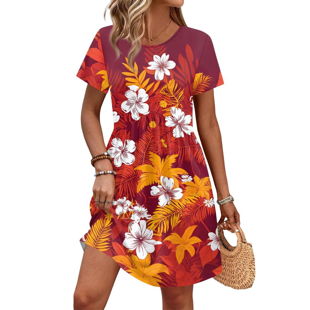 Dresses For Women Short Sleeve Print Round Neck Casual Dresses Waist Dress With Pockets