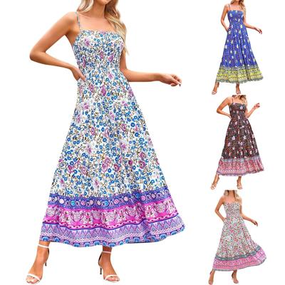 Damska sukienka bez rękawów w stylu vintage z kwiatowym wzorem w stylu boho, regulowane ramiączka, kieszenie