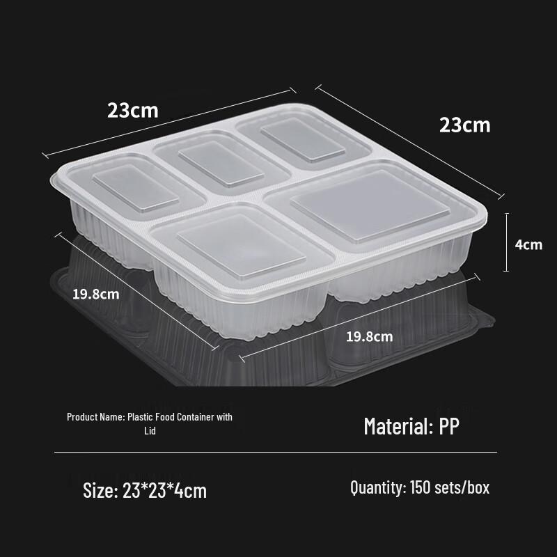 Disposable 5-Compartment Plastic Meal Prep Containers, 1000ml, 200-Pack