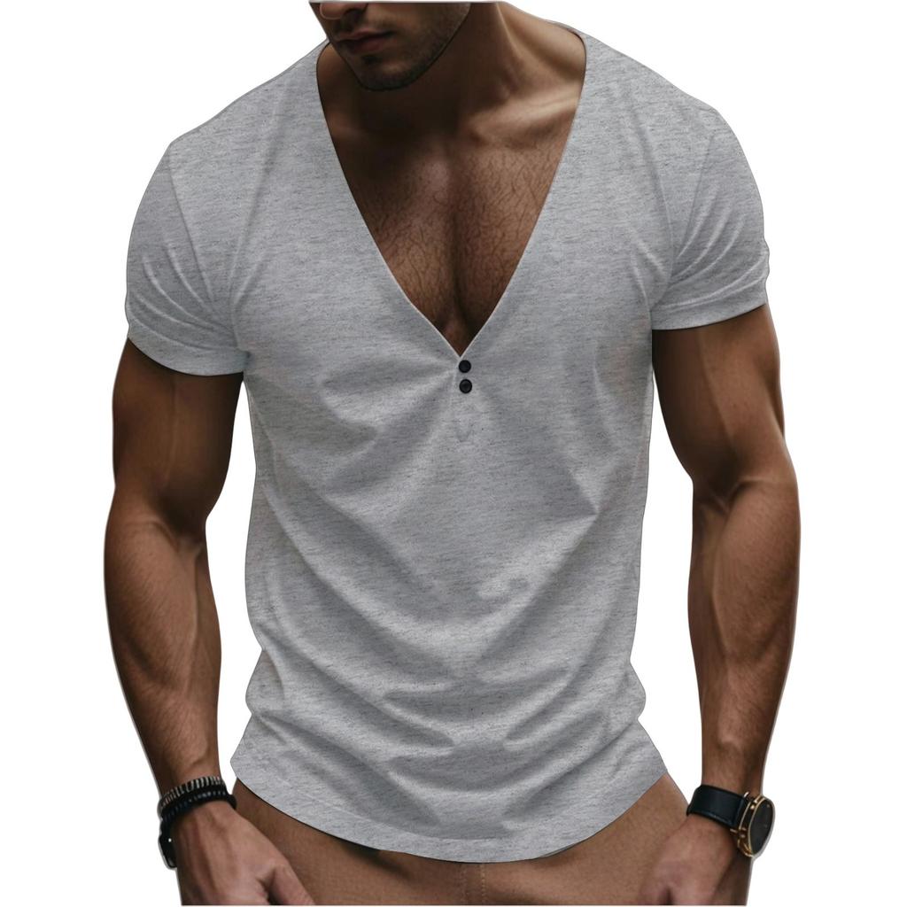 Men's Short Sleeve Button Casual Men's V-neck Color T-shirt