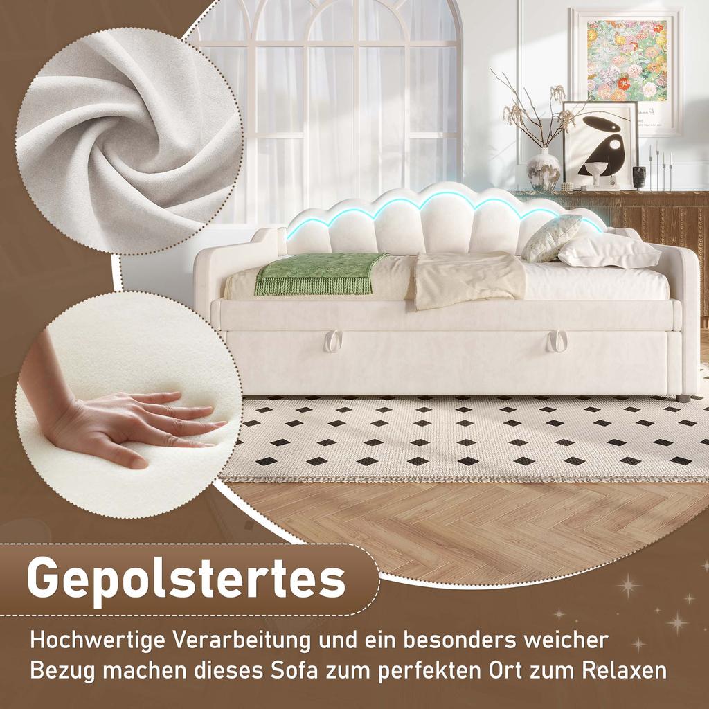 Tagesbett Flieks 90x200 cm mit Hydraulischem Stauraum, Schlafsofa mit Farbwechselbarem LED-Streifen, Beige