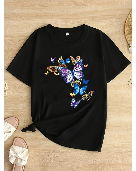 

Футболка с принтом бабочек больших размеров, повседневная футболка с круглым вырезом и коротким рукавом, женская одежда больших размеров 1XL чёрный
