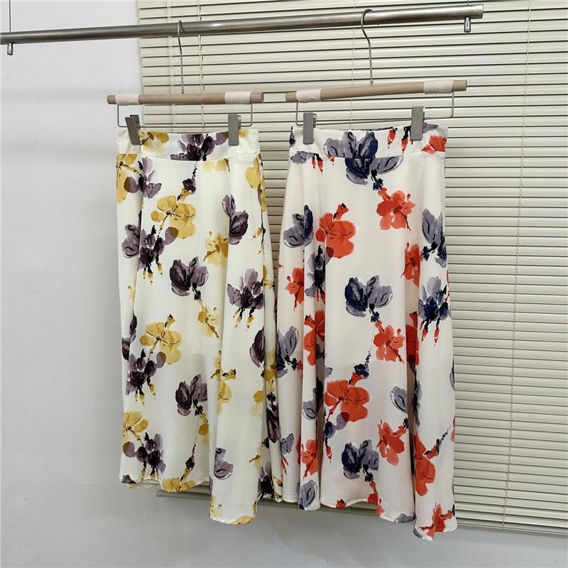 Qooth Fustă Elegantă Imprimată Fustă Plină Imprimată Floral Fustă Casual Șifon Lungime Glezna QT2111