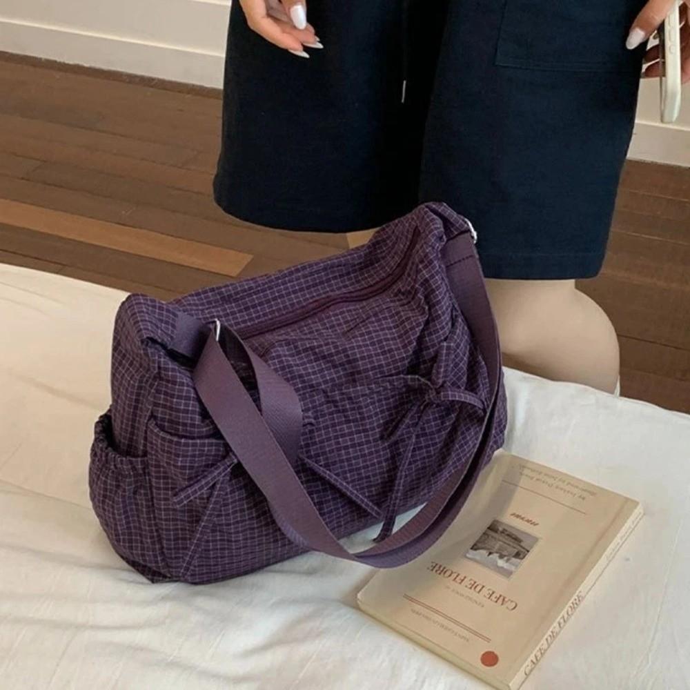 Multiple Pockets Nylon Shoulder Bag Grid Hobo Bag Fashion Bow Crossbody Bag  Outdoor