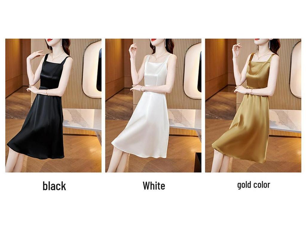 Women's 2023 Slim-Fit Satin Dress: Square Neck, Patchwork, Age-Reducing Summer Fashion