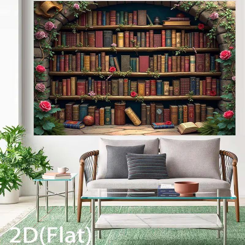 2D Romantic Library Tapestry Vintage Bookshelf with Blooming Roses and Ivy Wall Art