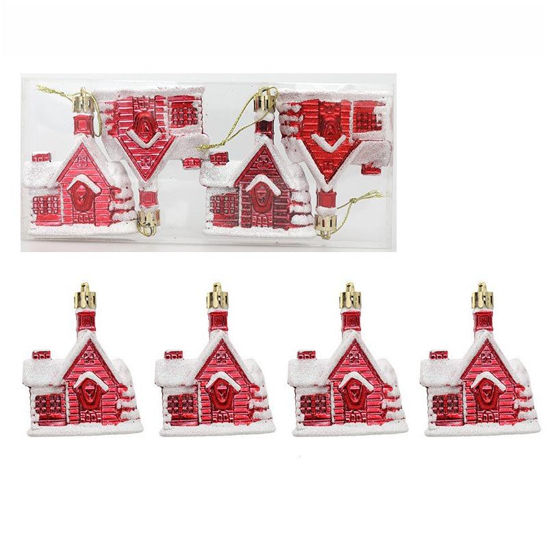 

Christmas Supplies Red Gold Snow House Shape Christmas Tree Pendant Home 2025 New Year Decoration Xmas Tree Decors 4PCs/Set красный