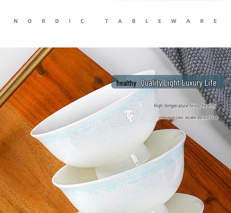 Qiao Yan Bone China High-Footed Bowl - Anti-Scald Ceramic Rice, Noodle, Porridge, and Soup Bowl with Underglaze Color.