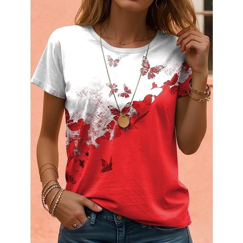 Summer Round Neck 3D Color Block Butterfly Print Top Fashionable Casual Short Sleeved Women's T-shirts