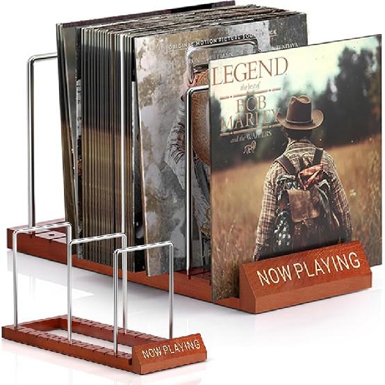 Facmogu 50 LPs Vinyl Record Storage Holder, Adjustable Vinyl Record Storage Stand with Built-in Now Playing Display, Wooden Vinyl Record Holder Rack коричневый