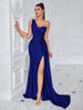 Elegante Vestido de Noite com Fenda e Um Ombro Só com Fita