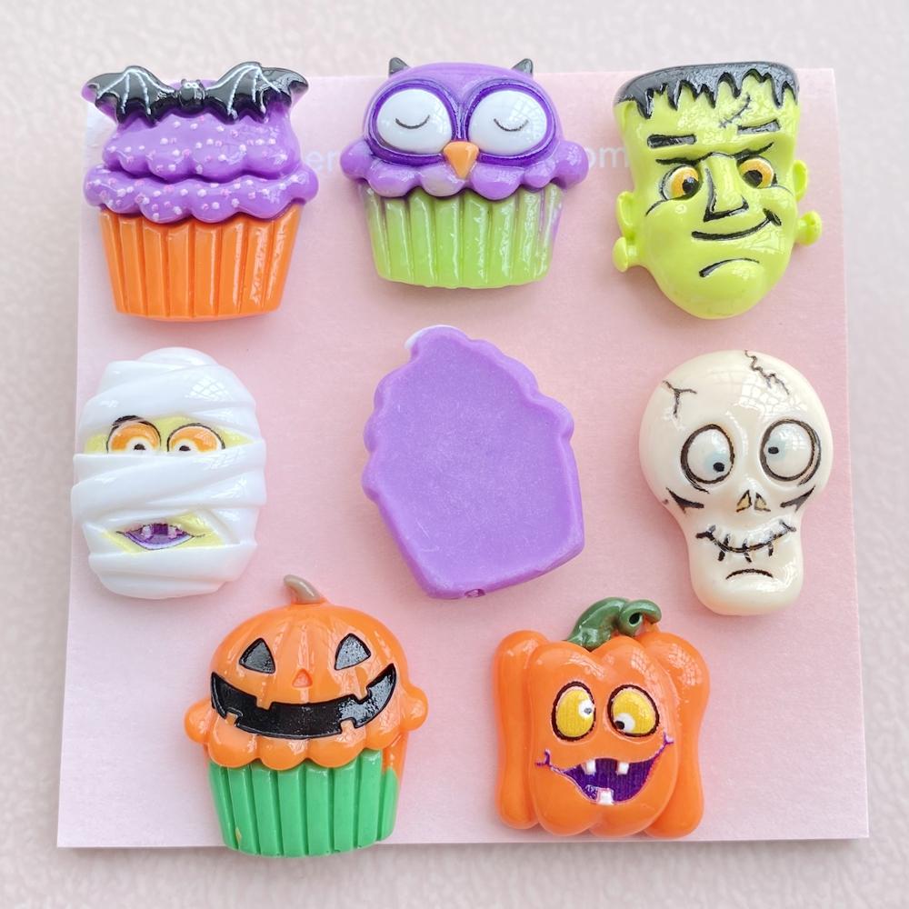 8Pcs New Models Resin Cute Cartoon Halloween Series Flat Bottom Scrapbook Diy Jewelry Hair Clips Phone Case Ornament Accessories
