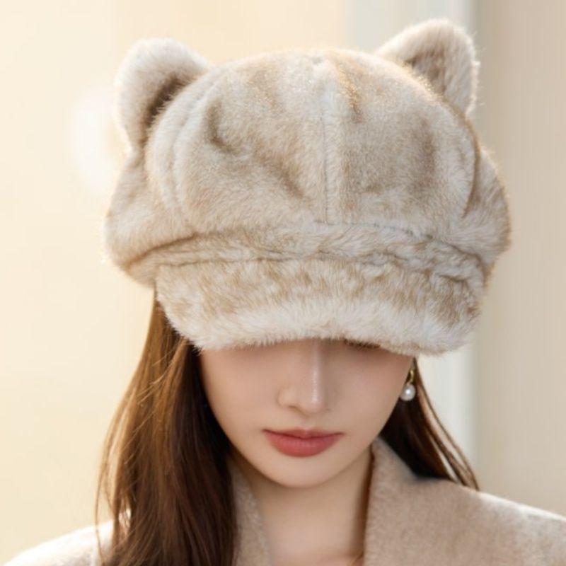 New Style Rabbit Fur Octagonal Hat Women's Fashionable Plush Hat Cat Ear Thermal Cap Wide-Circumference Head Wrap