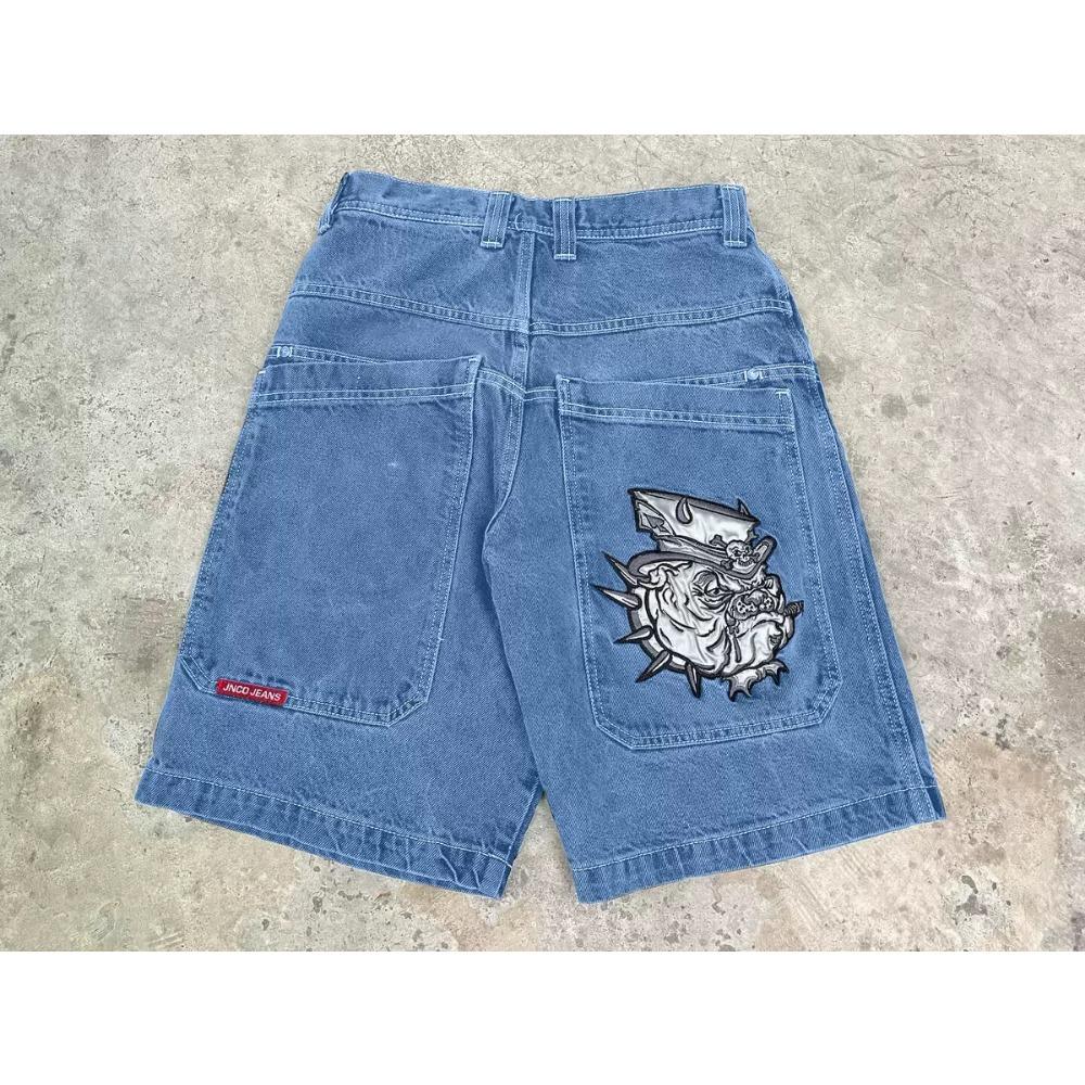 Hip Hop Retro Szorty Jeansowe Y2k Niebieski Prany Szeroka Nogawka Proste Spodnie Robocze Męskie Damskie Streetwear Jorts Odzież
