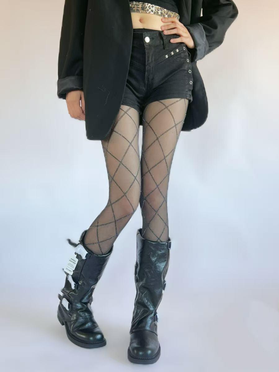 

Silver Rhombus Jacquard Silk Stockings for Women - Ultra-Thin, Bling, Milky White, Slimming, Retro Black Base. One Size чорний