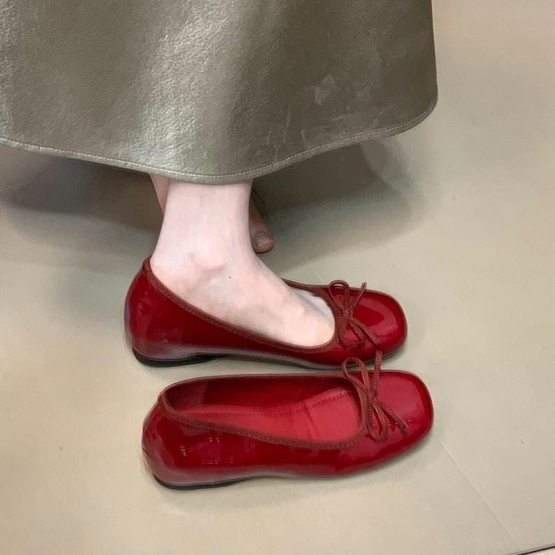 Bow red single shoes French single shoes 2025 spring ladyshoes inner height increase grandma shoes