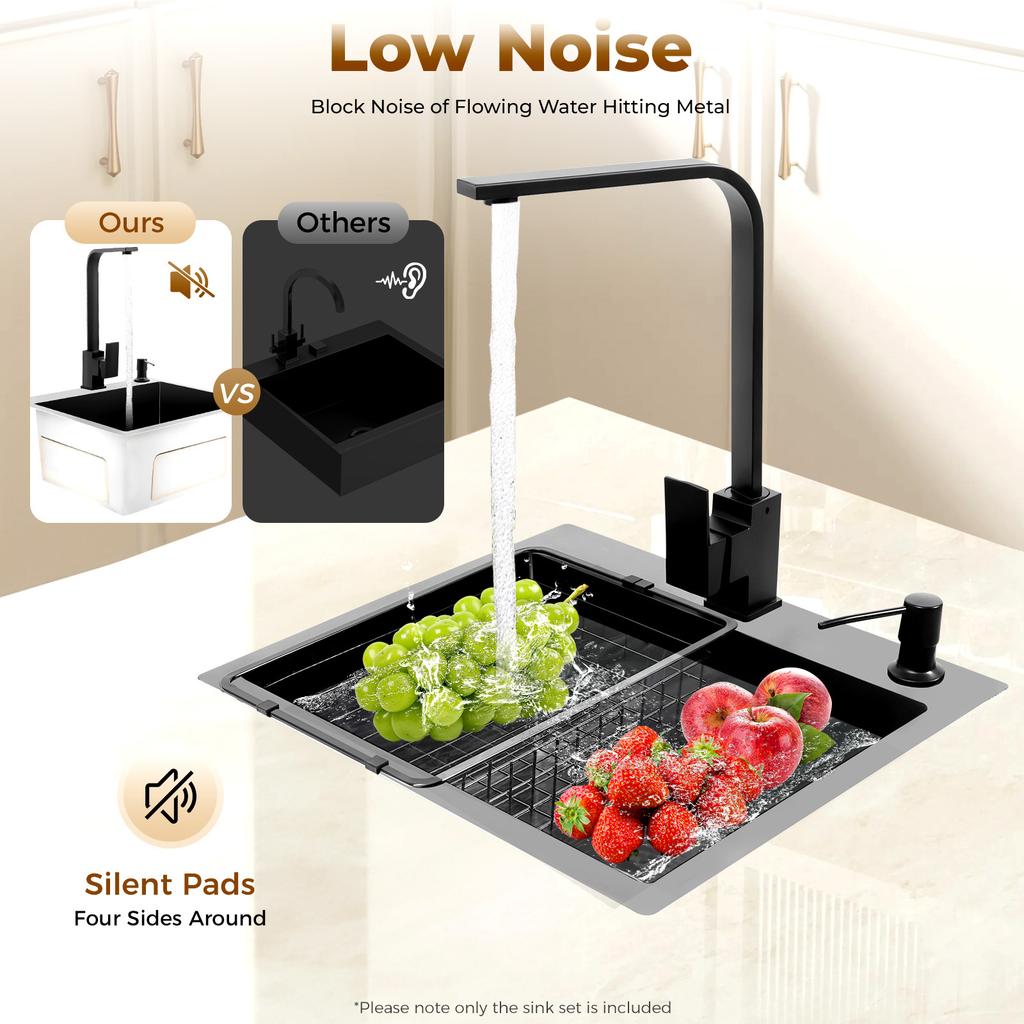 16x12 Inch Stainless Steel Kitchen Sink – 201 Stainless Steel with Nano Coating – Complete Set with Faucet, Soap Dispenser & Drain Basket – Black/Grey