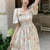 QICED Chic Square Collar Small Fresh Floral Dress Female Summer Gentle Wind Waist Slimming Mid-length A-line Skirt