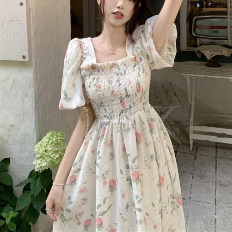QICED Abito Chic a Collo Quadrato con Stampa Floreale Fresca Femminile Estivo Vento Leggero Vita Slimming Midi Gonna a A