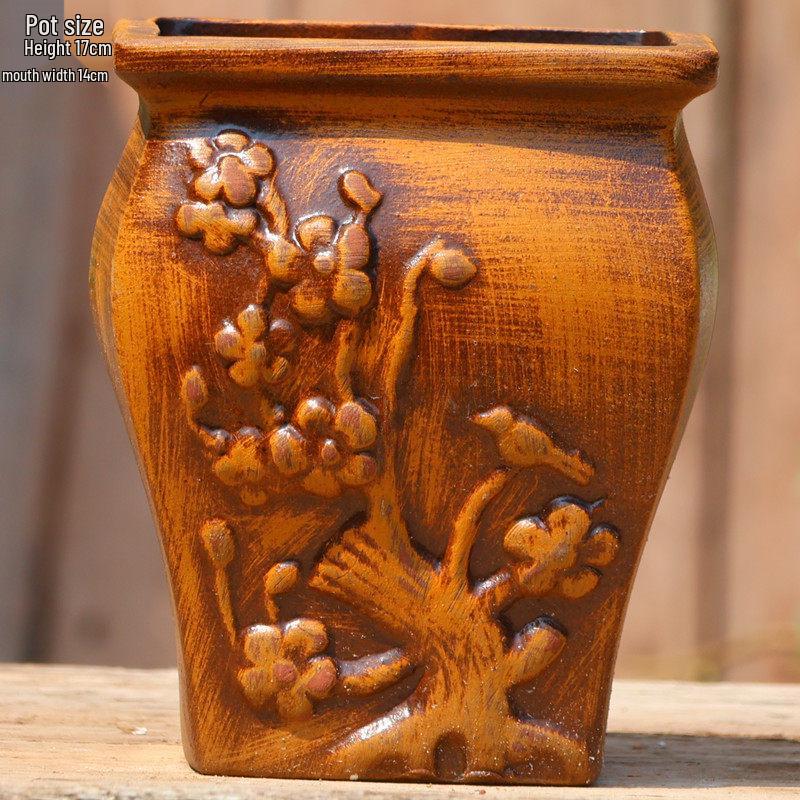 Yixing Handmade Square Mouth Coarse Pottery Planter - Large Succulent Flower Pot with Old Branch Design and Jade Pendant.