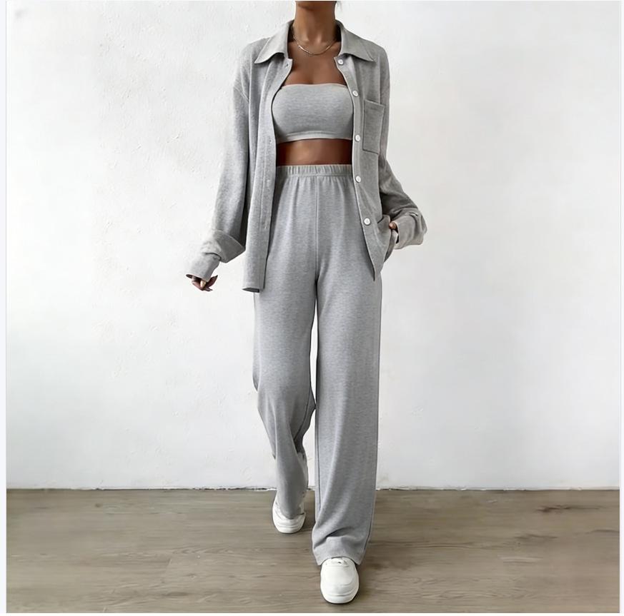 

Women s European Autumn High-Waisted Long-Sleeve Shirt and Casual Trousers Set Small сірий колір