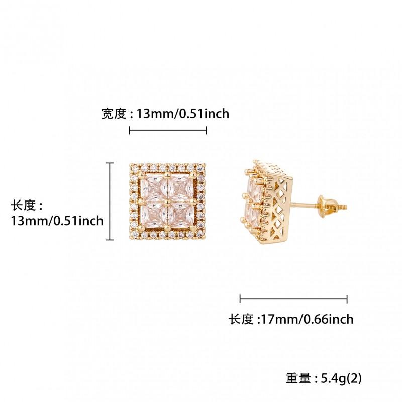 Hip Hop Square Threaded Earrings Men Full Zircon Stud Gold Plated Copper Ear Jewelry