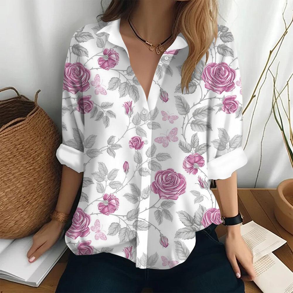 Women's Fashion Shirt Bottom Casual T-shirt Loose Lapel Top Long Sleeved Button Printed Clothing Party Elegant Women's Shirt