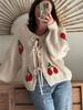 Fall Knit Oversized Casual Sweater Strawberry Cherry Style Tie-Up Cardigan Top