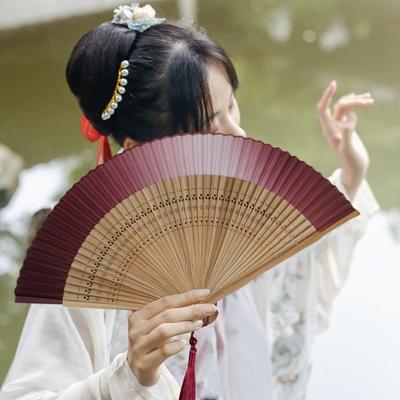 Ancient Fan Hollow Out with Tassels Vintage Bamboo Folding Fan Decor Ladies Hand Fan Daily Use