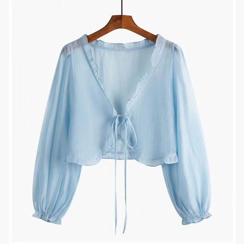 

2023 Summer Women s Ruffled Chiffon Shirt with Flared Sleeves - Fashionable, Versatile Cropped Top XL 57.5-62.5kg