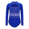 Girls Dance Bodysuit Long Sleeve Rhinestone Leotard with Back Zipper & Cutout for Performance