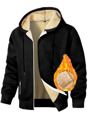 Autumn New Men's Casual Fleece Lined Hooded Zipper Sweatshirt Jacket Solid Color Warm Sportswear Male Fashion Outerwear