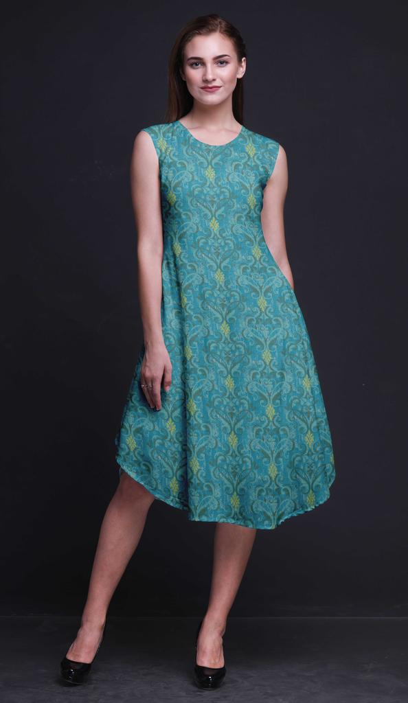 Bimba Blue Clover Leaves Floral Printed Ladies Sleeveless Round Neck Summer Dress Casual