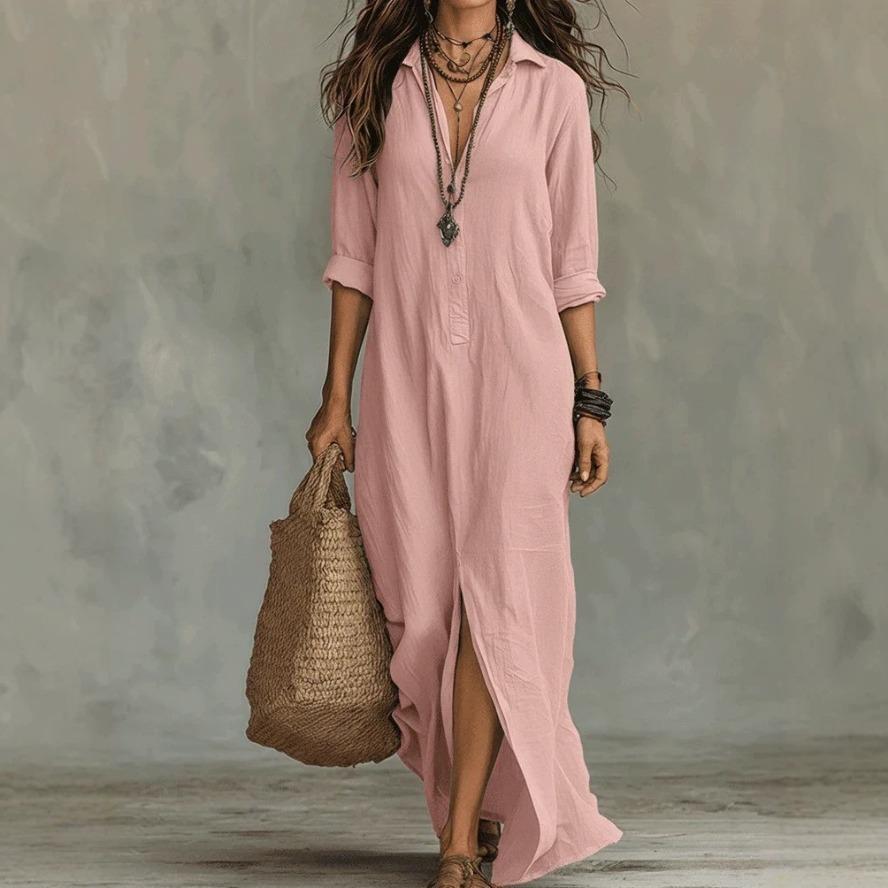 VEZFAA Vestidos casuales de cintura holgada con cuello tipo polo y manga larga con estampado de colores sólidos a la moda para mujer para primavera y otoño