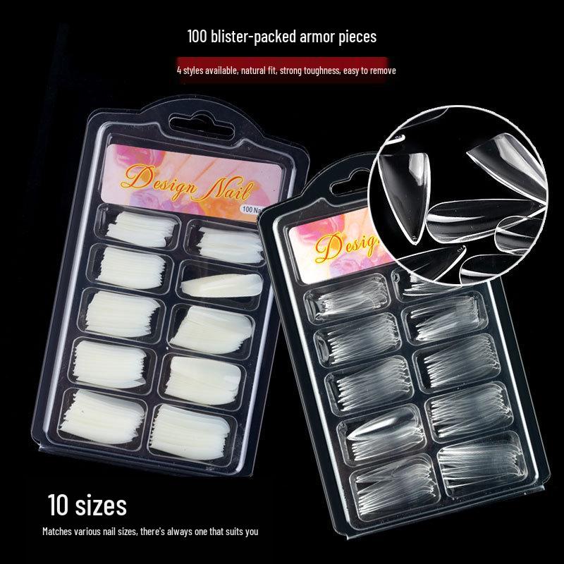 100-Piece Blister Box: Trapezoidal, Transparent Fake Nails - Full & Half Stick, Water Drop Designs