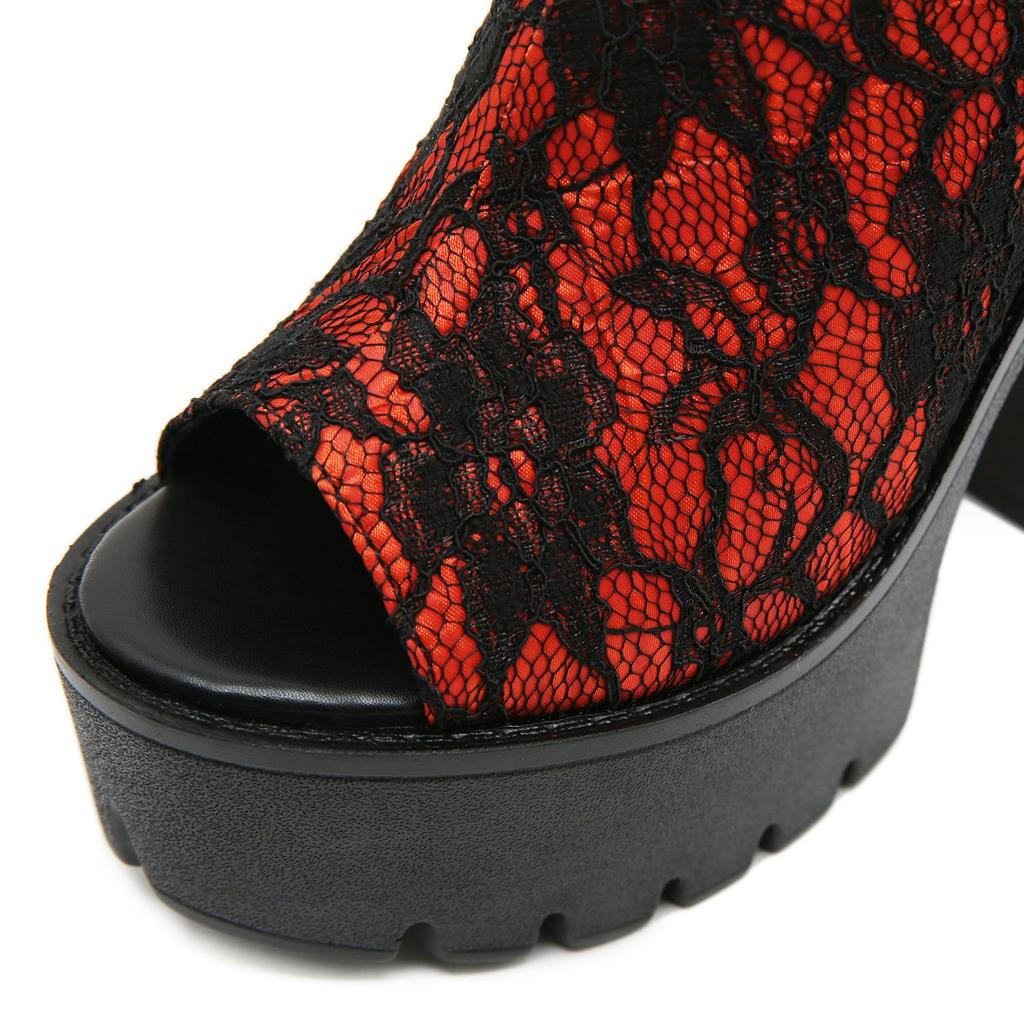 Gdgydh Eleganti Décolleté Retrò a Rete per Donna Pizzo Peep Toe Scarpe con Plateau Cinturino alla Caviglia Sandali con Plateau Rossi Slingback