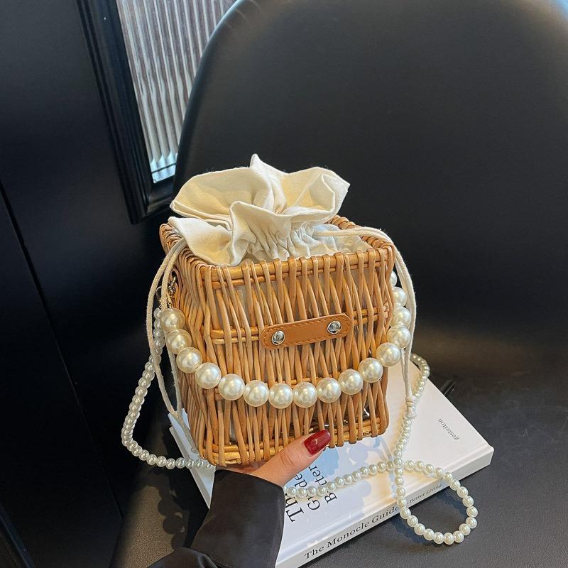 Woven Small Bag Women's Spring and Summer New Niche Pearl Chain Messenger Bag Rattan Seaside Beach Bag